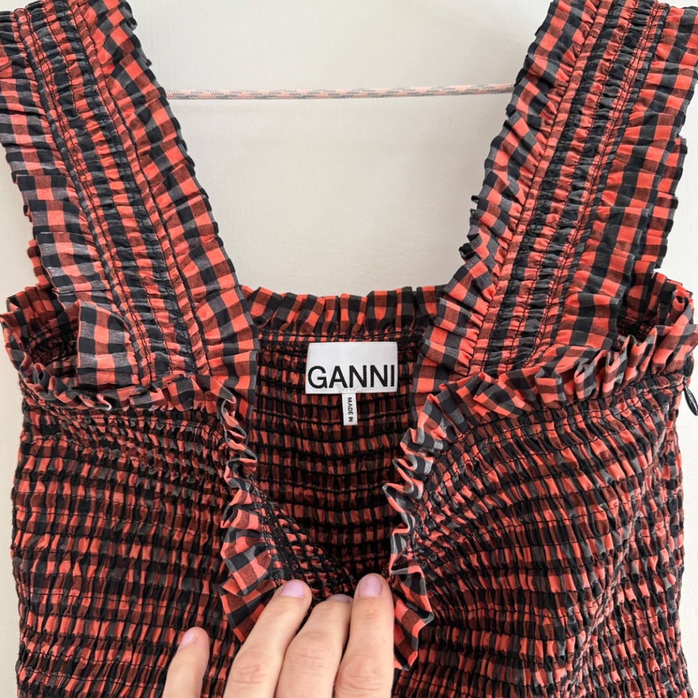 GANNI Seersucker Gingham Smocked Maxi Dress Rust Black 38 - Picture 7 of 9